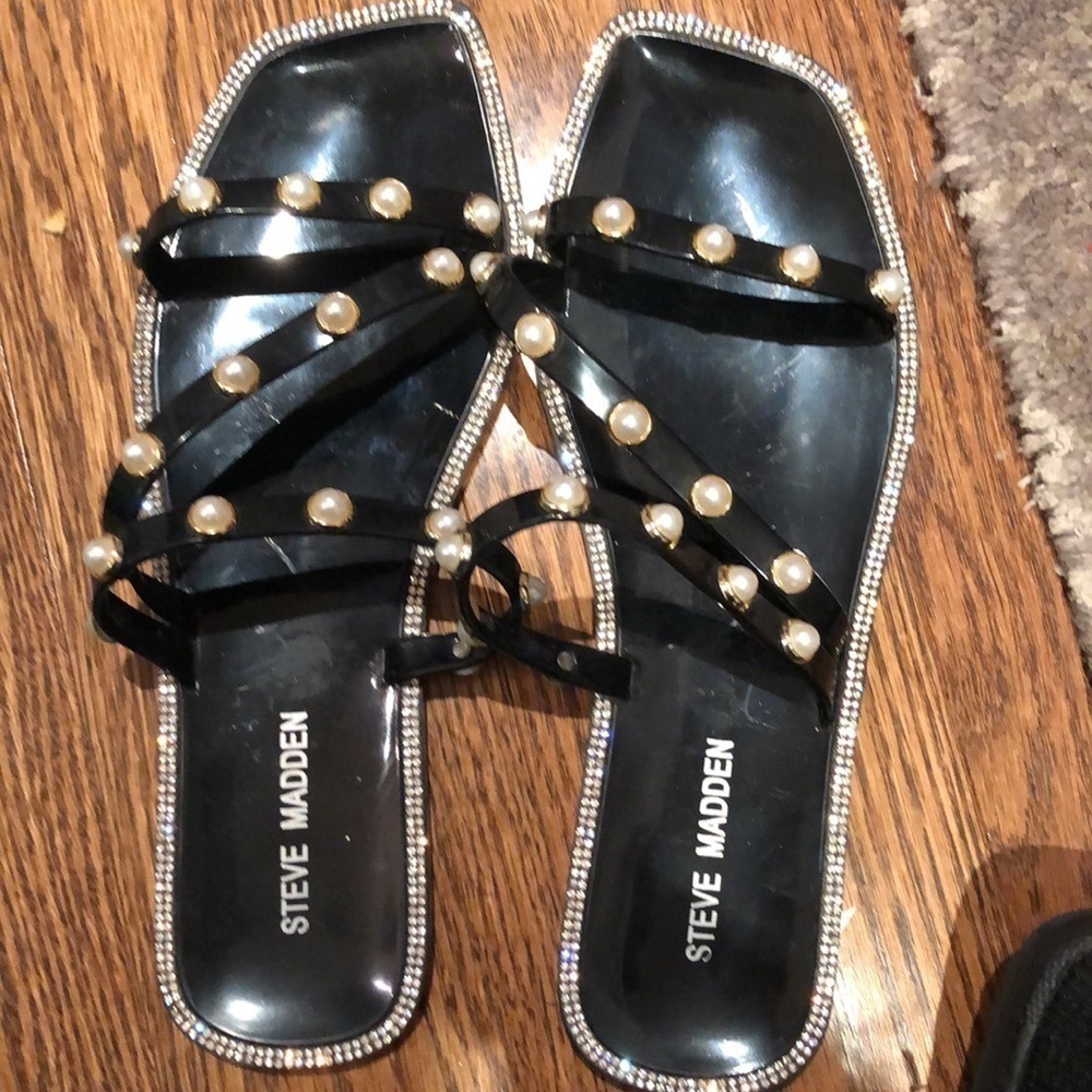 Steve Madden black plastic flats with rhinestones and pearls in 8